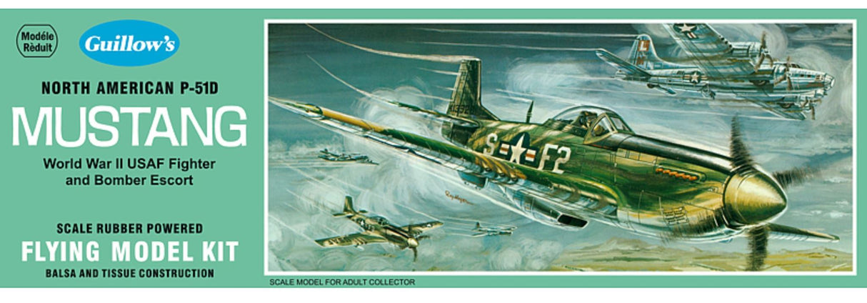 Balsa wood model kit of the P-51D Mustang glider with a 17-inch wingspan, ideal for aviation enthusiasts of all ages.