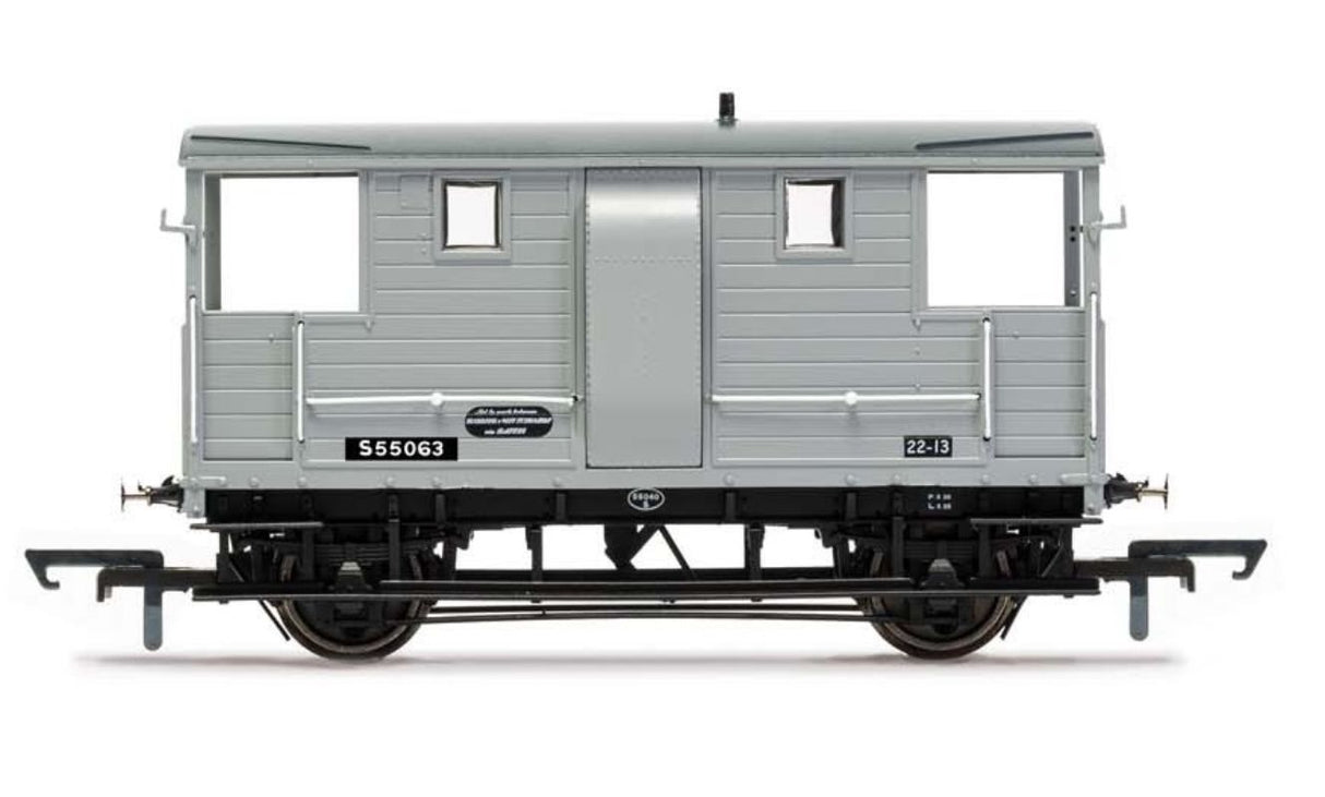 Hornby BR 24T Diag. Goods Brake Van in iconic BR Freight Grey, perfect for model railways and enhancing dioramas.