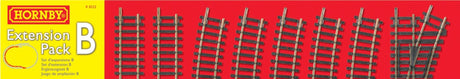 Hornby Train Accessory Extension Pack B with tracks, curves, points, and buffer stop for enhancing model railway layouts.