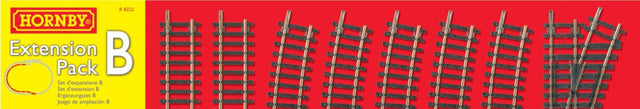 Hornby Train Accessory Extension Pack B with tracks, curves, points, and buffer stop for enhancing model railway layouts.