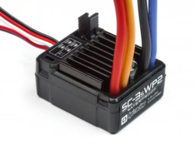 Waterproof ESC SC-3SWP2 designed for 1/10th scale RC vehicles, supporting 2-3S LiPo and 5-9 cell NiMH/NiCd batteries.