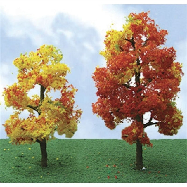 Two detailed 85-100mm autumn deciduous trees, showcasing vibrant fall colors, perfect for model railroads and dioramas.