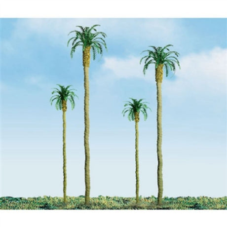 Realistic 75mm palm trees set of 4, perfect for enhancing dioramas and model railways with tropical beauty.