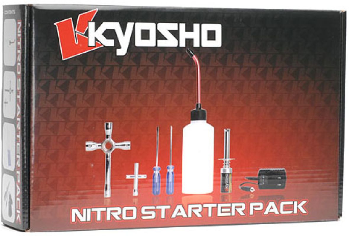 Kyosho Nitro Starter Kit for RC vehicles, includes glow starter, fuel bottle, and essential tools for performance tuning.