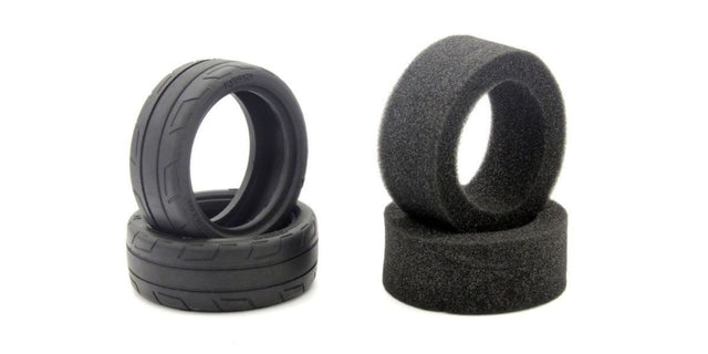 High-quality Kyosho FZ02 1/10 medium radial tires for optimal grip and stability on various surfaces, perfect for RC racing.