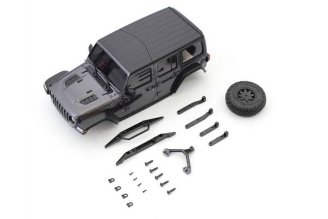 Diecast model of MX-01 Jeep Wrangler in gunmetal, featuring intricate details, opening doors, and realistic design.