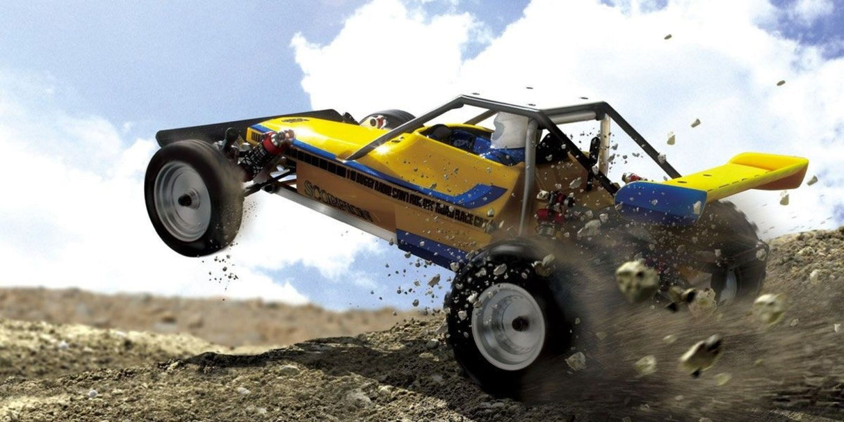 Radio control buggy featuring a lightweight design, pre-assembled gearbox, and classic Kyosho Scorpion aesthetics for off-road racing.