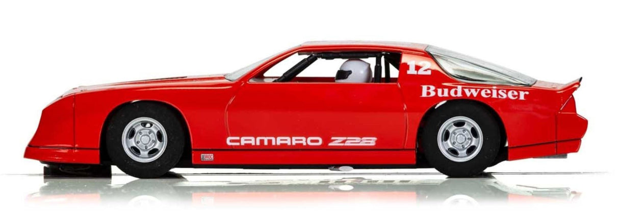 Red Chevrolet Camaro IROC-Z #12 slot car with high detail, Magnatraction, and digital plug-ready for thrilling racing.