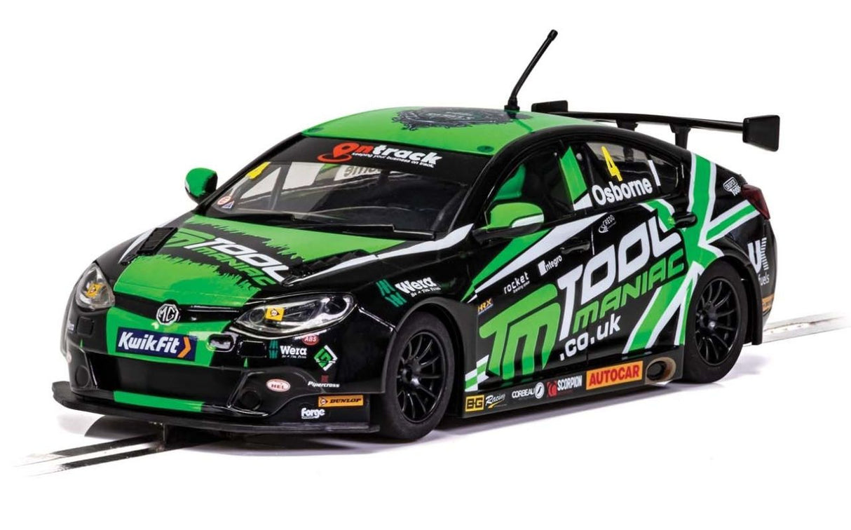 Detailed 1/32 scale slot car MG6 #4 with Tool Maniac livery, Magnatraction, and working lights for authentic racing.