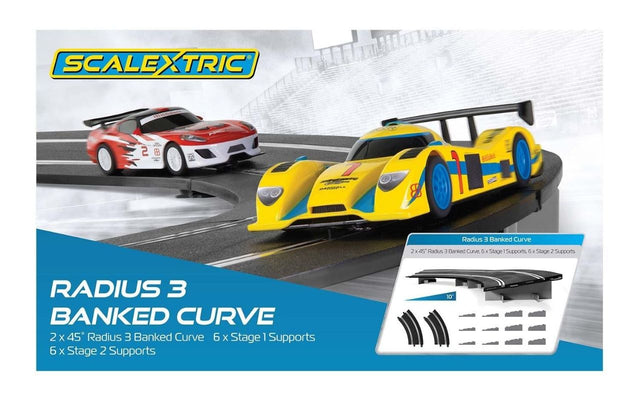 Slot car accessory featuring 2 Radius 3 45-degree banked curves, with supports for high-speed racing setups.