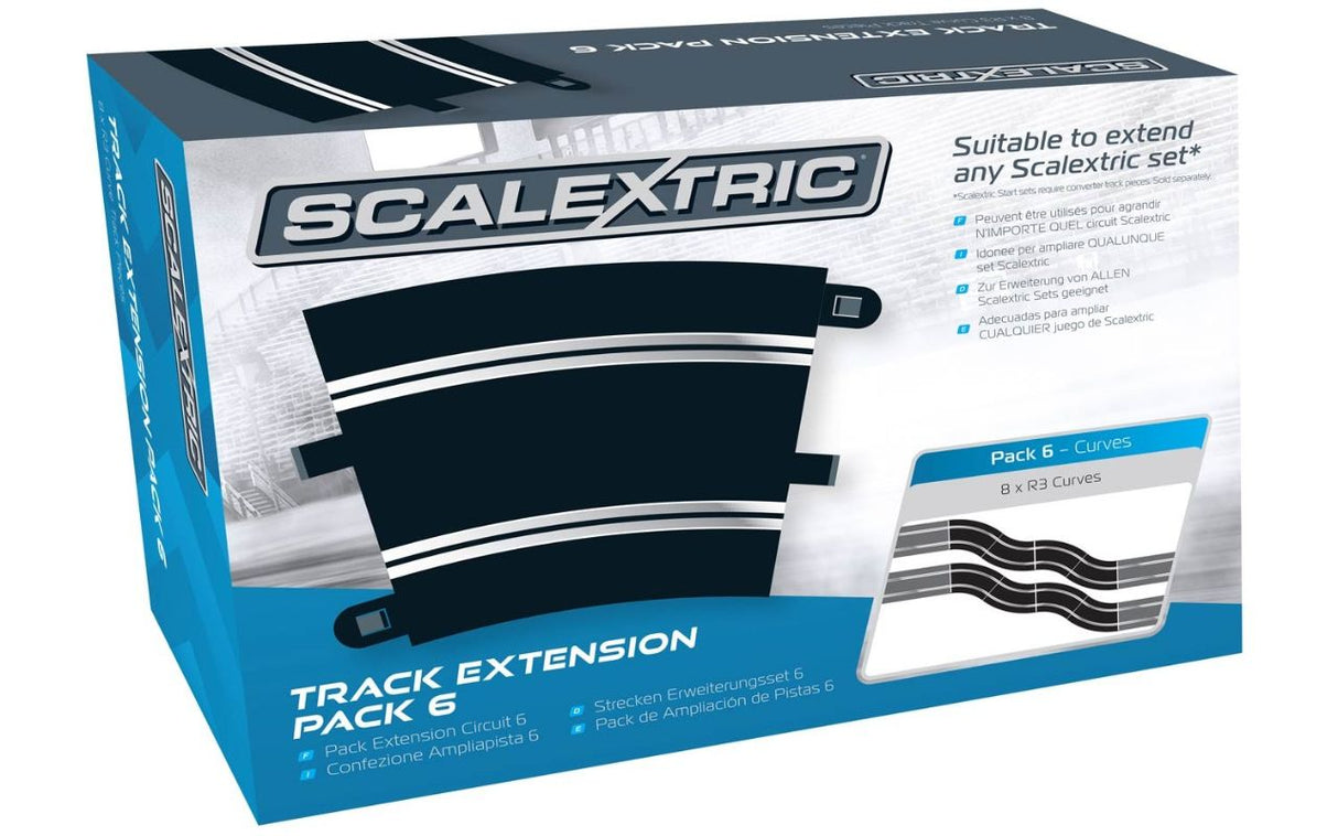 "Eight R3 curves for Scalextric track extensions, enhancing layouts with flexible designs and ultimate racing fun."