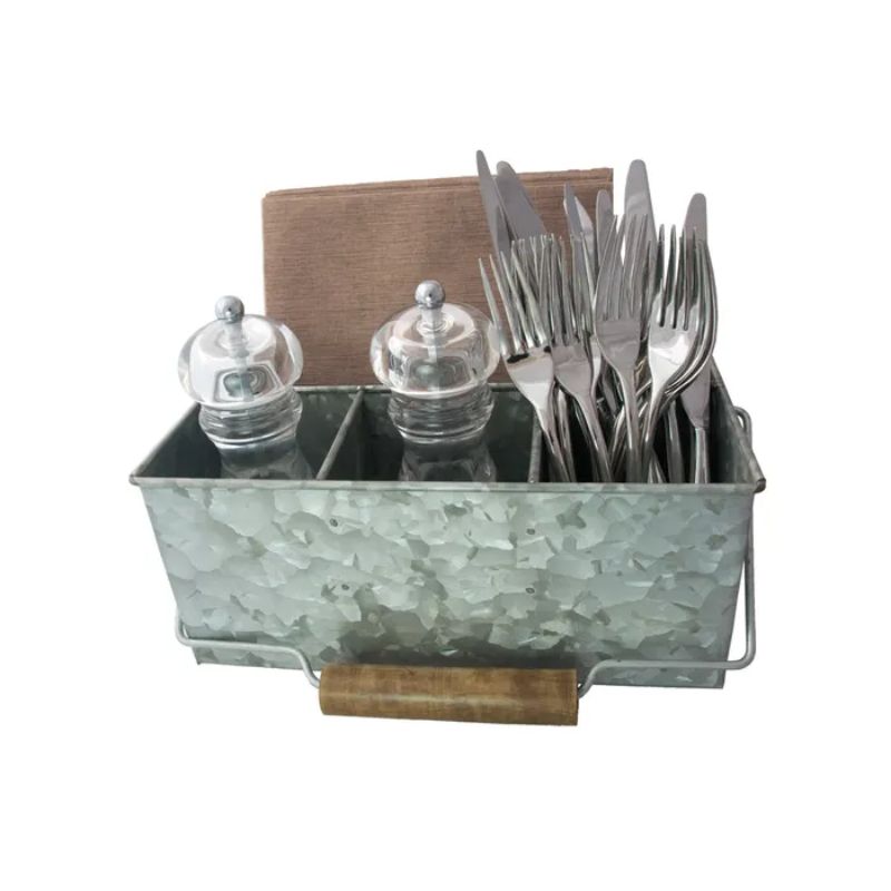 Galvanised Table Caddy with 4 compartments for organized dining essentials and a rustic finish, perfect for home and events.