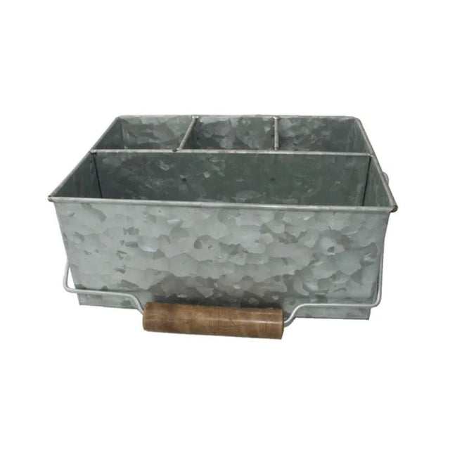 Galvanised table caddy with four compartments for organizing condiments, utensils, and more, ideal for dining or crafts.