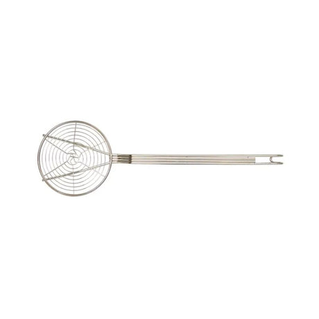 Nickel-plated 150mm skimmer with spiral design, ideal for efficient food preparation and comfortable grip.