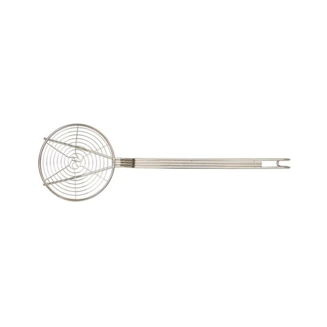 Nickel-plated 150mm skimmer with spiral design, ideal for efficient food preparation and comfortable grip.
