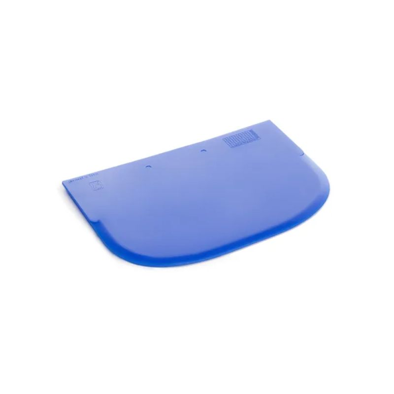 Blue polypropylene dough scraper, 148x99mm, with beveled edge for precise cutting, heat resistant, and dishwasher safe.