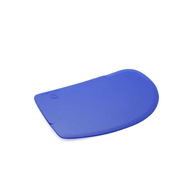 Blue Dough Scraper (120x86mm) with bevelled edge, heat-resistant up to 105°C, ideal for precise dough handling.