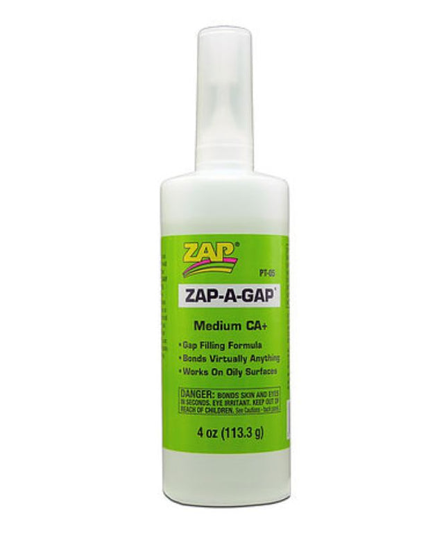 ZAP Medium Thickness Superglue 4oz, ideal for metal, wood, plastic bonding, featuring a precise, fast-drying formula.