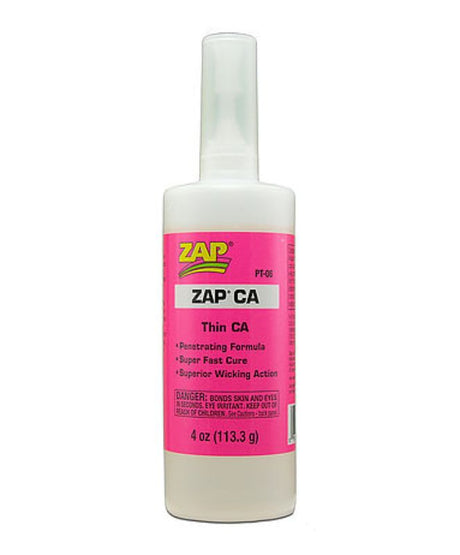 ZAP Thin Superglue in a 4oz bottle, ideal for precise bonding of ceramics, metal, wood, rubber, and plastics.