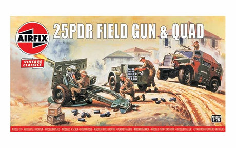 Detailed Airfix 1:76 model kit of the iconic 25pdr field gun and Quad, featuring nostalgic artwork and 71 meticulously crafted parts.