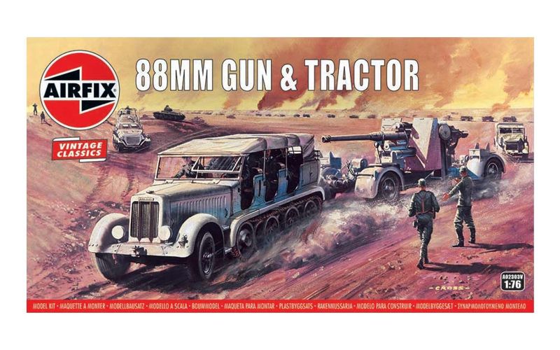 Detailed model kit of the WWII 88mm anti-tank gun and tractor with four crew figures for historical recreations.