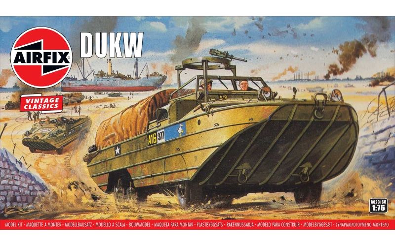 1:76 scale model of Airfix DUKW, a WWII amphibious truck with 50 precision parts for ages 8+, ideal for history buffs and model makers.