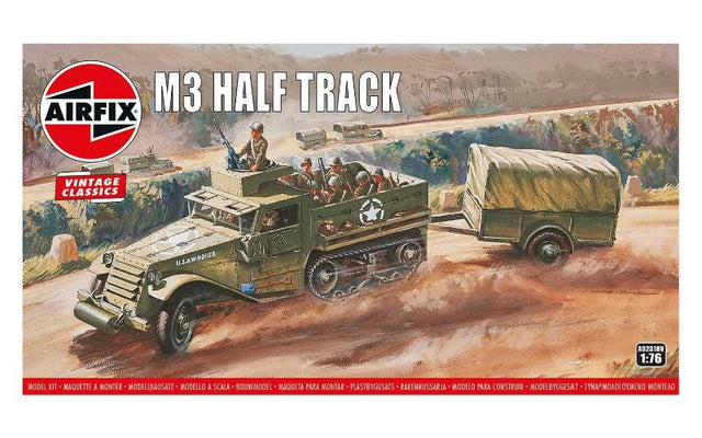 Detailed scale model of the M3 Half Track & 1 Ton Trailer, showcasing WWII design with 54 parts, ideal for enthusiasts aged 8+.