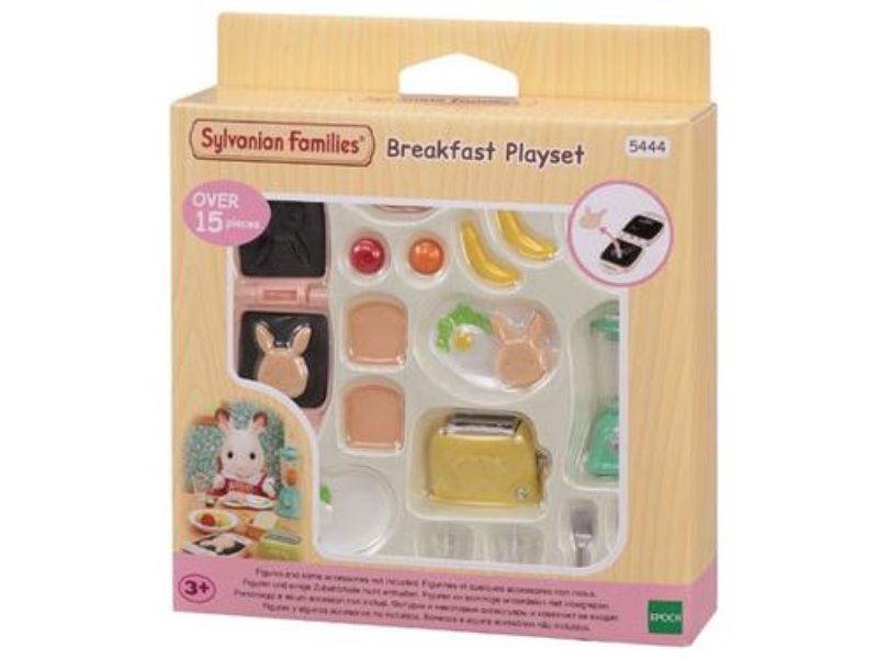 Colorful Breakfast Playset featuring Sylvanian Families figures, intricate food items, and a charming table for imaginative play.