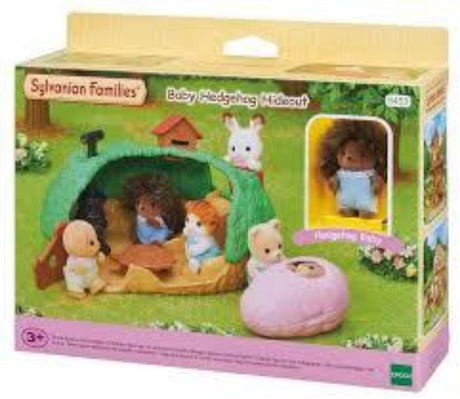 Hedgehog Hideout playset featuring a cozy home, slide, hedgehog table, and sleeping bag for imaginative play with Hedgehog Baby.