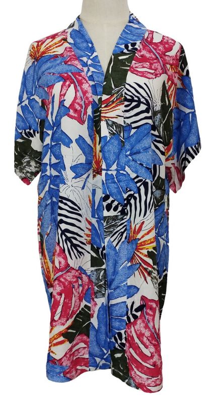 Elegant blue kimono with a forest leaves print, crafted from 100% viscose, offering a relaxed fit and flattering drape.