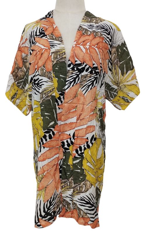 Olive green kimono with forest leaves pattern, 100% Viscose, 80cm drop, perfect for layering and versatile styling.