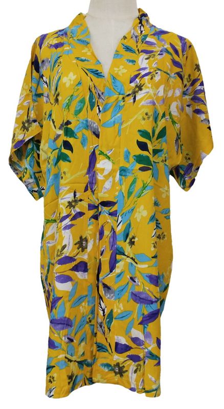 Vibrant yellow kimono with small leaves pattern, soft viscose fabric, ideal for layering and versatile styling.