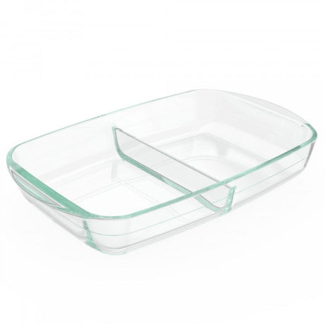 Pyrex Divided Glass Bakeware 8x12, dual-compartment dish for cooking and serving, made from durable borosilicate glass.