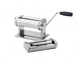 Stainless steel Wiltshire Pasta Machine with adjustable rollers and three cutters for homemade pasta in various styles.