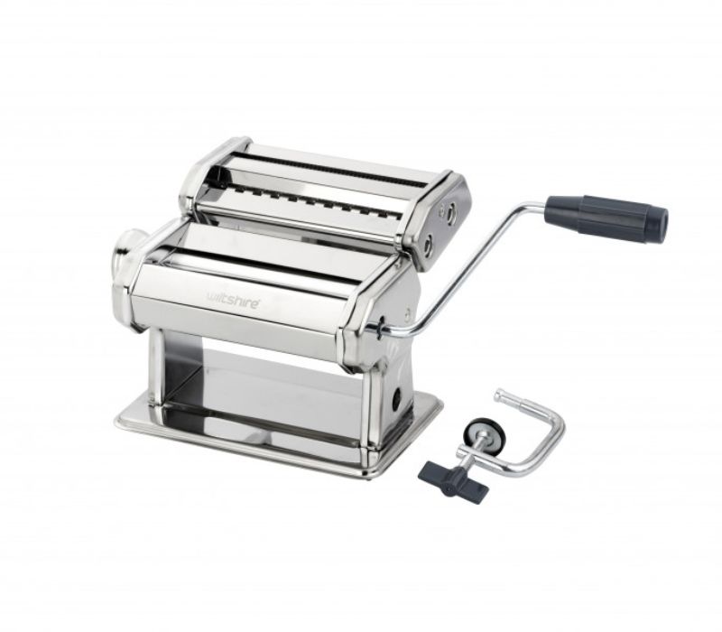 Wiltshire Pasta Machine 150mm with stainless steel design, adjustable rollers, and three cutters for homemade pasta.