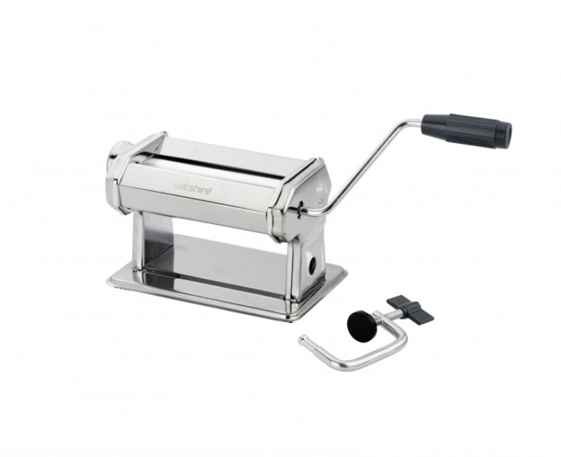 Stainless steel pasta machine with adjustable rollers and 3 cutters for making fresh pasta sheets, linguine, and fettuccine.