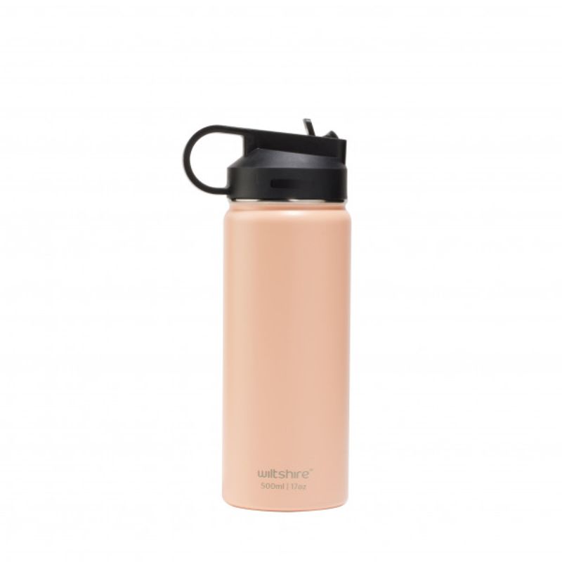 Wiltshire 500ml stainless steel bottle in peach, featuring double-wall insulation, wide mouth, and easy open spout for on-the-go hydration.