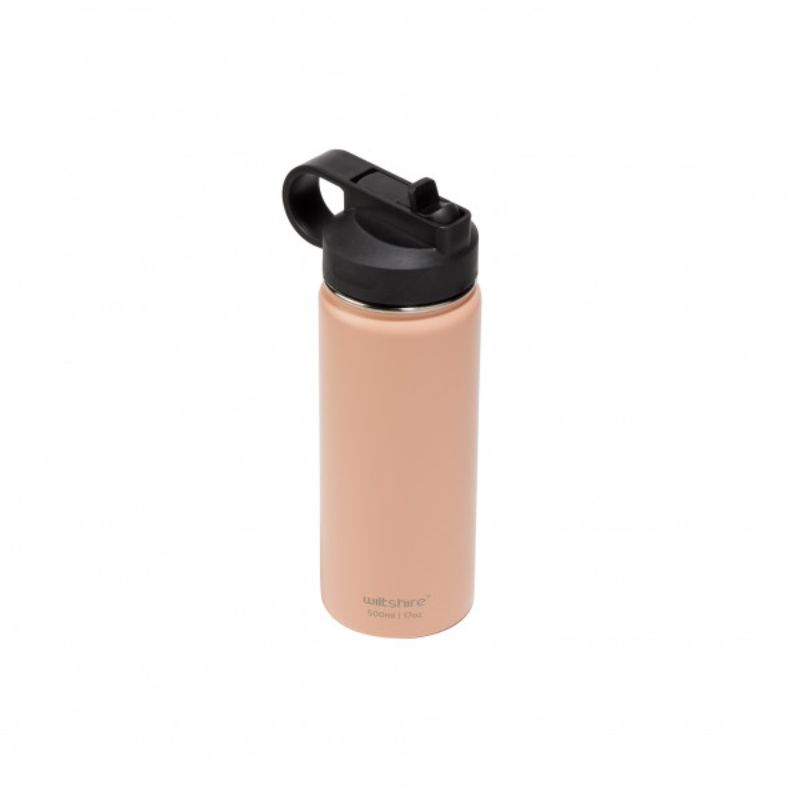 Peach-colored 500ml stainless steel bottle with double-wall insulation, wide mouth, and straw spout for easy hydration on the go.