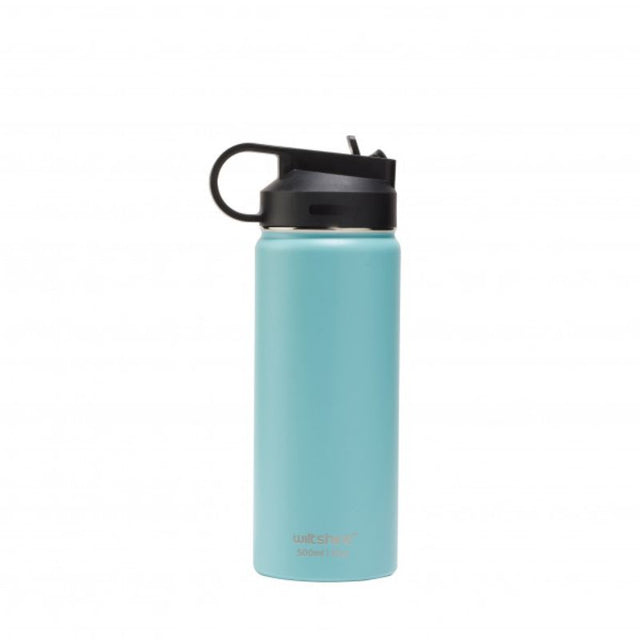 Vibrant turquoise stainless steel water bottle, 500ml, insulated for hot/cold drinks, with easy open spout and durable design.