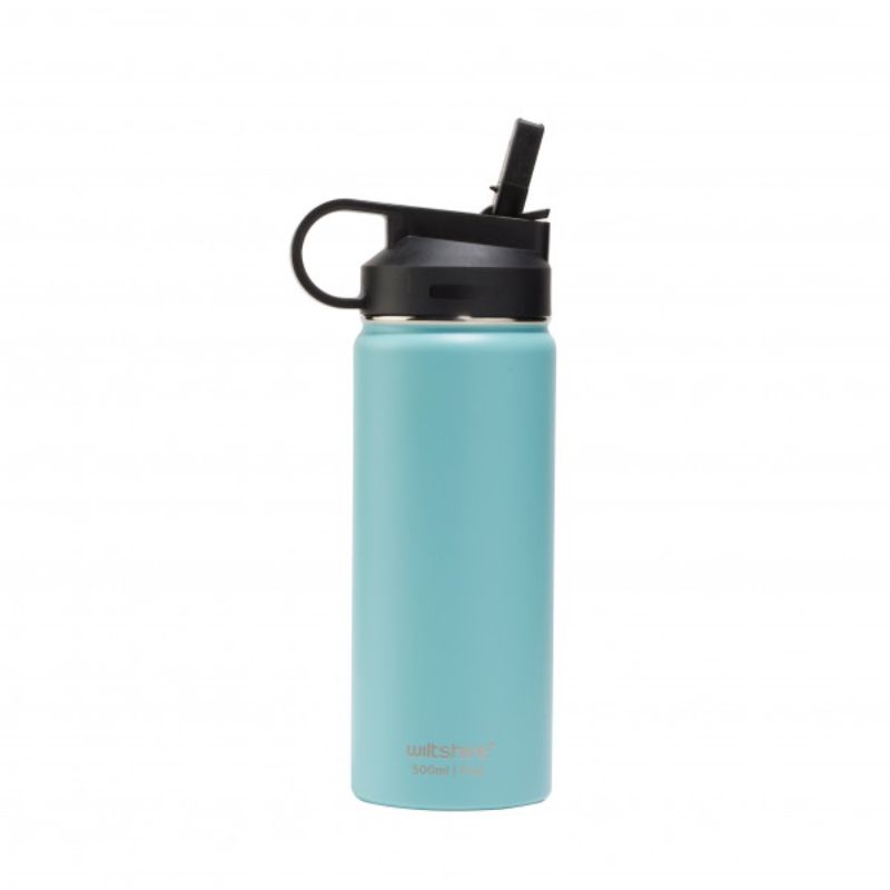 Turquoise 500ml stainless steel bottle with double wall insulation, easy open spout, and scratch-resistant matte finish.