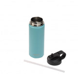 Turquoise 500ml stainless steel bottle, keeps drinks cold for 24hrs and hot for 12hrs, featuring a spill-proof straw spout.