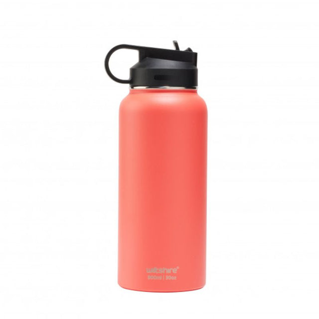 Stylish coral insulated stainless steel bottle, 900ml, keeps drinks hot for 12 hours and cold for 24 with easy open spout.