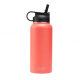 Coral stainless steel bottle (900ml) with double wall insulation, wide mouth for ice, and easy open spout for convenient hydration.