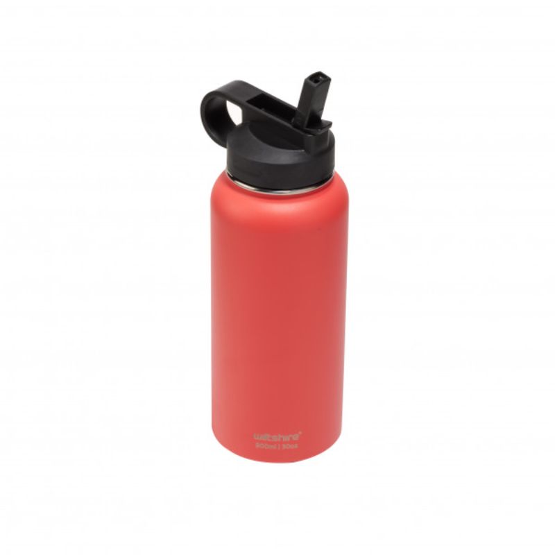 Coral stainless steel bottle, 900ml capacity, keeps drinks hot for 12 hours and cold for 24; features a wide mouth and straw spout.