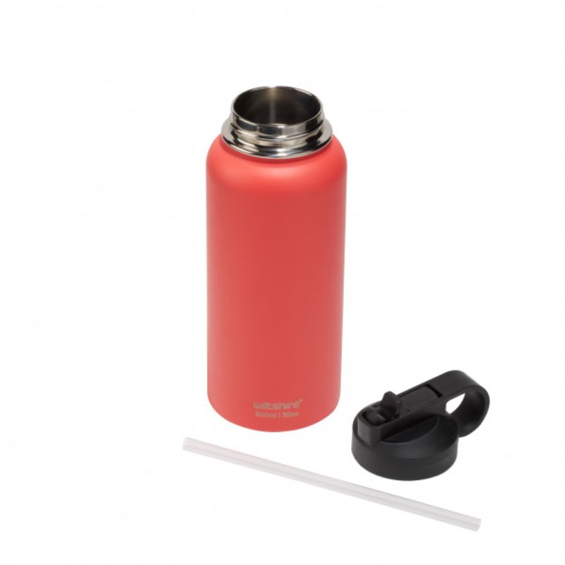 Wiltshire 900ml stainless steel bottle in coral, insulated, wide mouth with straw for hot and cold drinks, durable and stylish design.