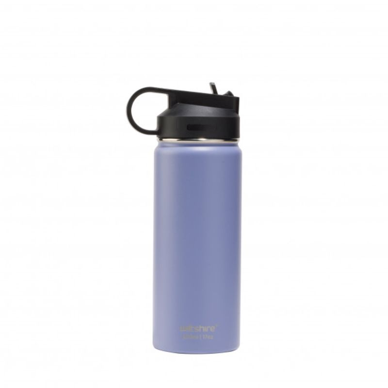 Lilac insulated stainless steel bottle, 500ml, keeps drinks hot for 12 hours and cold for 24, features wide mouth and easy spout.