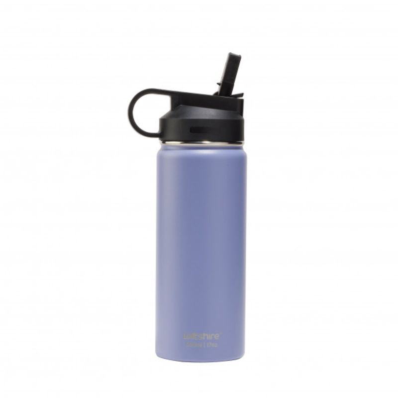 Lilac stainless steel 500ml bottle with vacuum insulation, easy open spout, and wide mouth for ice, perfect for on-the-go hydration.