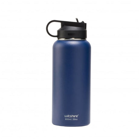 Navy stainless steel bottle, 900ml, insulated for 12 hours hot and 24 hours cold, with wide mouth and easy spout for on-the-go sipping.