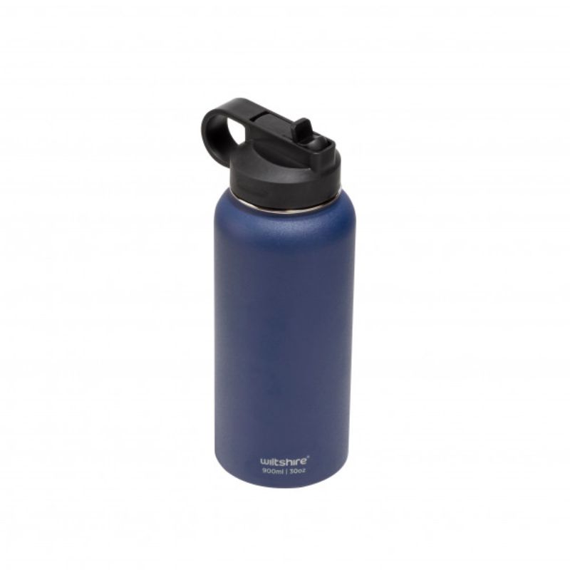 Navy 900ml Wiltshire stainless steel bottle with wide mouth, easy open spout, and vacuum insulation for hot/cold drinks.