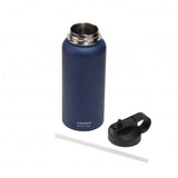 Navy 900ml stainless steel bottle with insulated design, keeps drinks hot/cold, features wide mouth and easy-open straw.